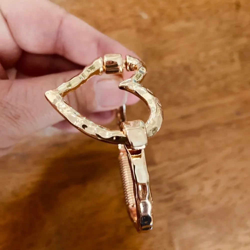 Chunky Gold Hammered Heart Cuff Bracelet Boho Statement Open Heart Bangle